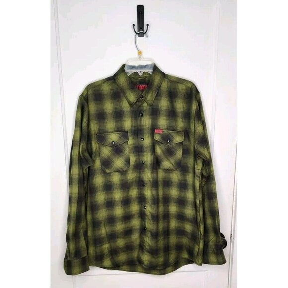 Dixxon Flannel Lone Wolf Shirt Mens Large Green Plaid Long Sleeve Snap Button Up - Picture 1 of 6